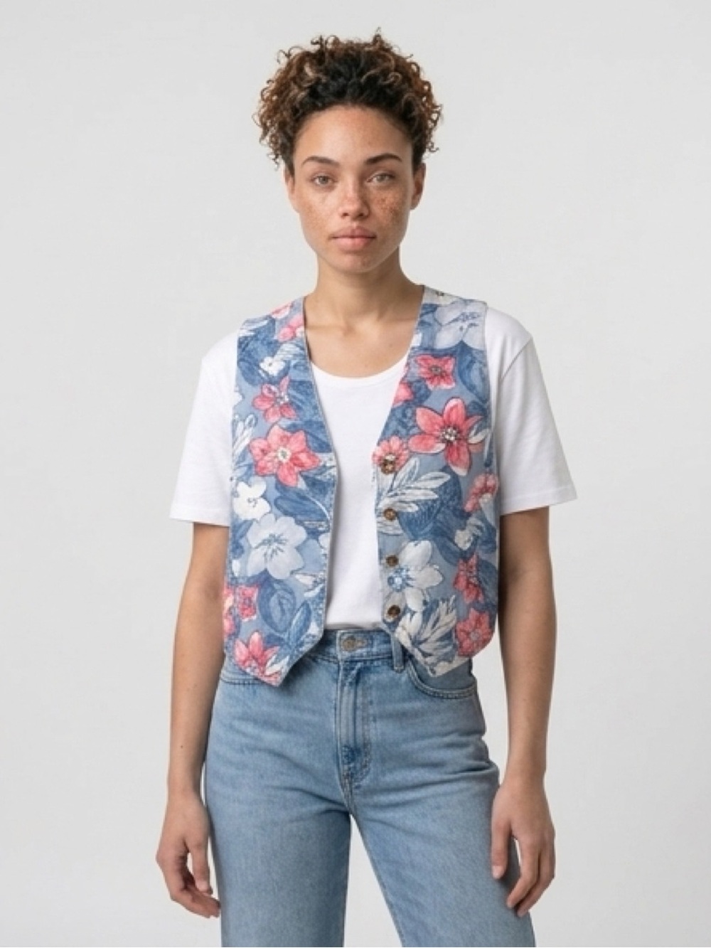 Vintage Vivaldi Floral Button-Up Vest in Blue and Coral